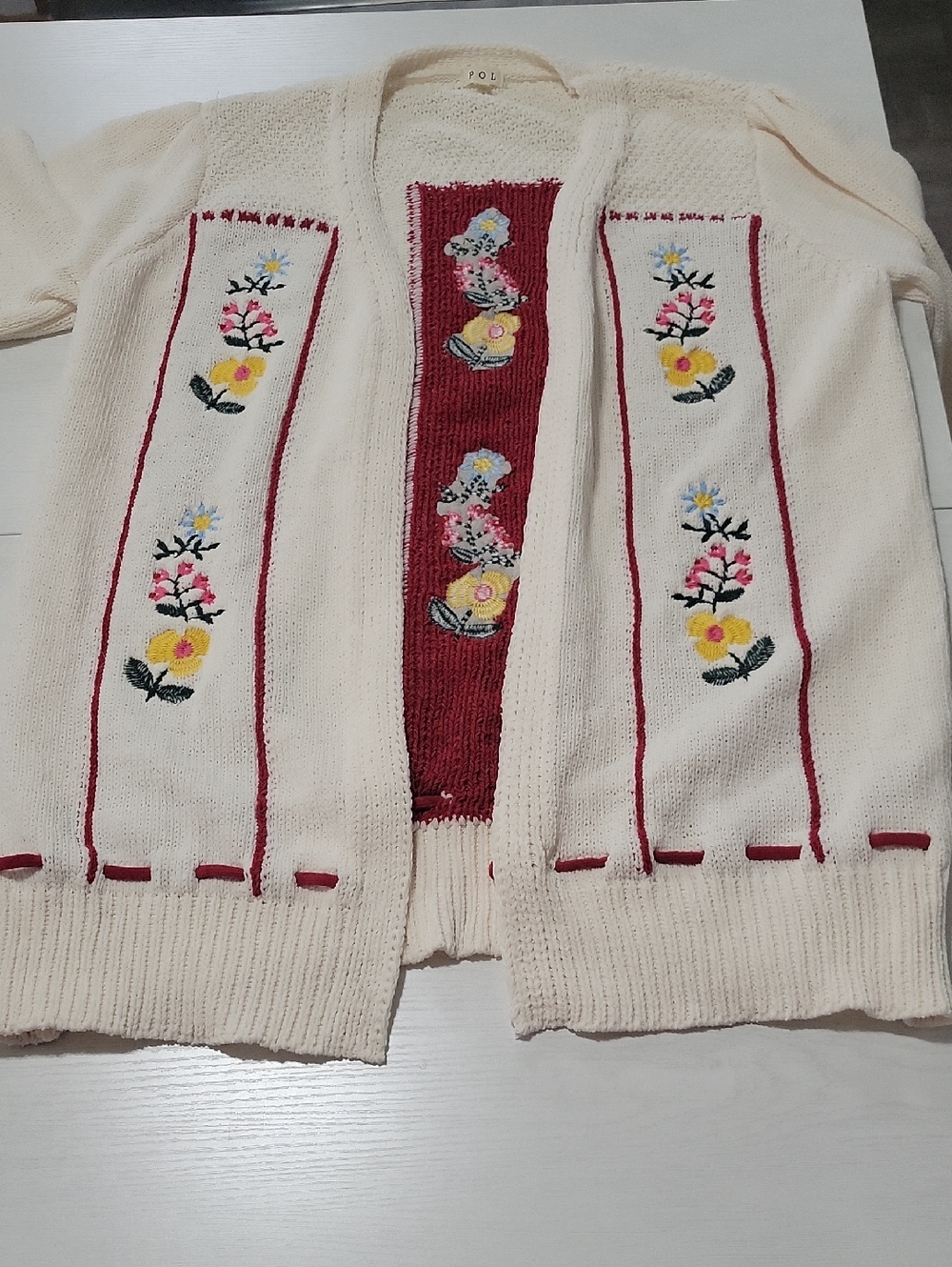 NWT POL Large Cream Open-Front Cardigan with Red Floral Embroidery - Picture 3 of 7